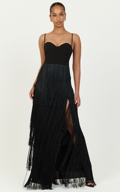 Maxine Maxi Dress - Tiered Fringe Dress In Black