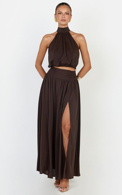 Showpo Melanie Maxi Skirt - Gathered Yoke Skirt in Brown