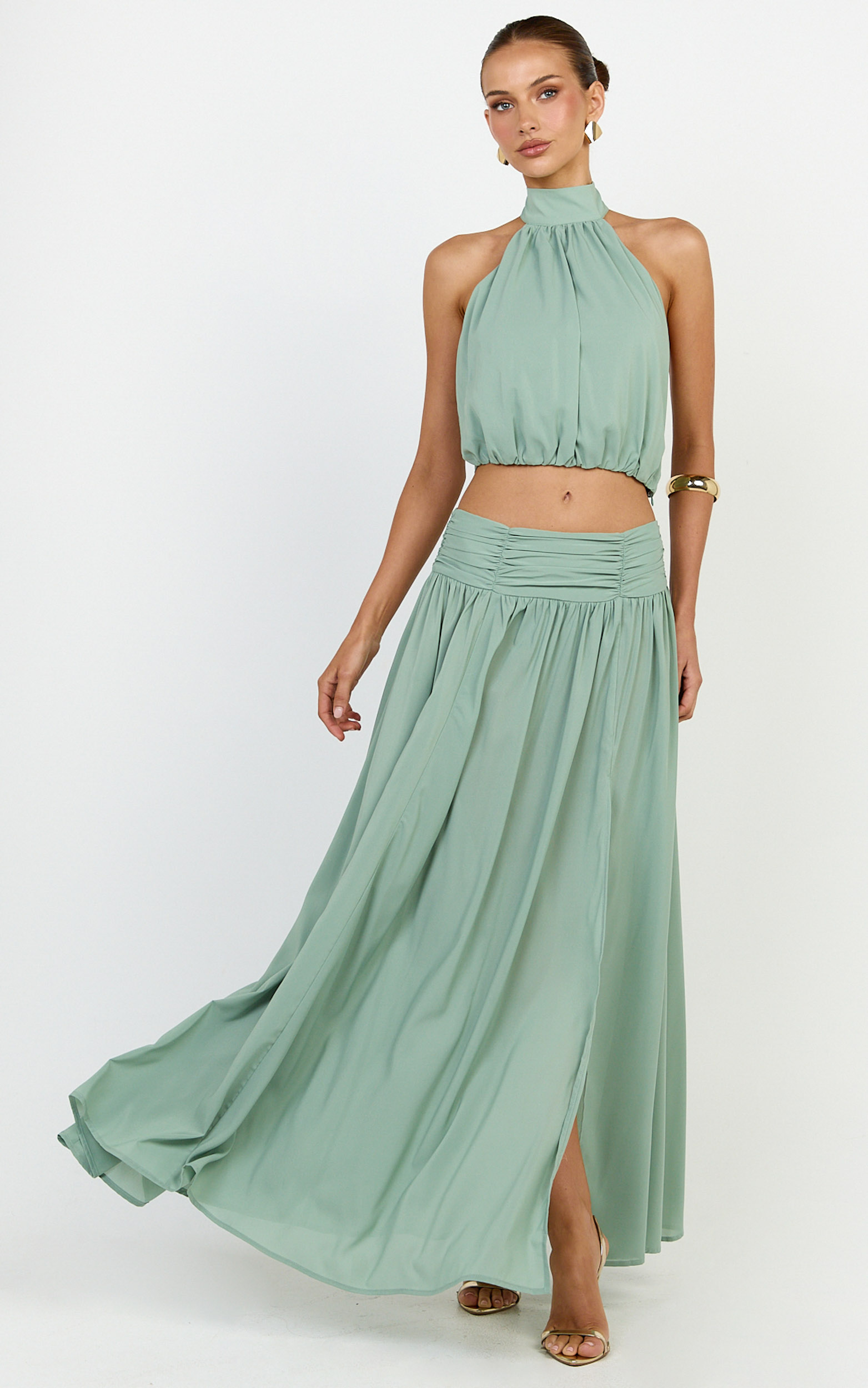 Showpo Melanie Maxi Skirt - Gathered Yoke Skirt in Green