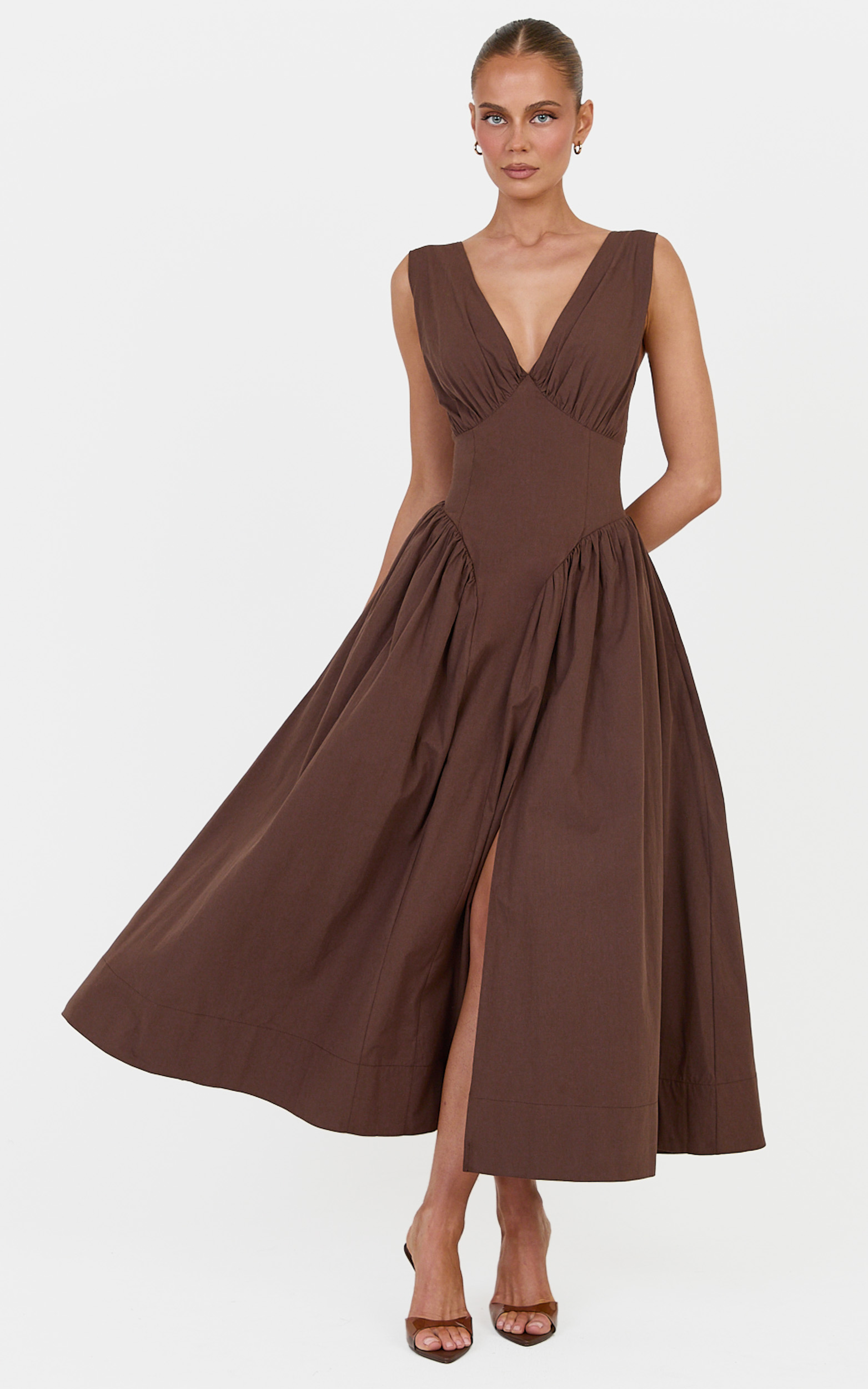 Showpo Melody Midi Dress - V Neck A Line Dress in Chocolate