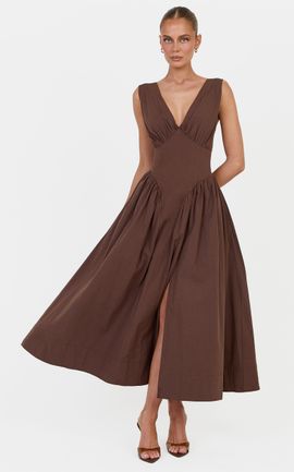 Showpo Melody Midi Dress - V Neck A Line Dress in Chocolate