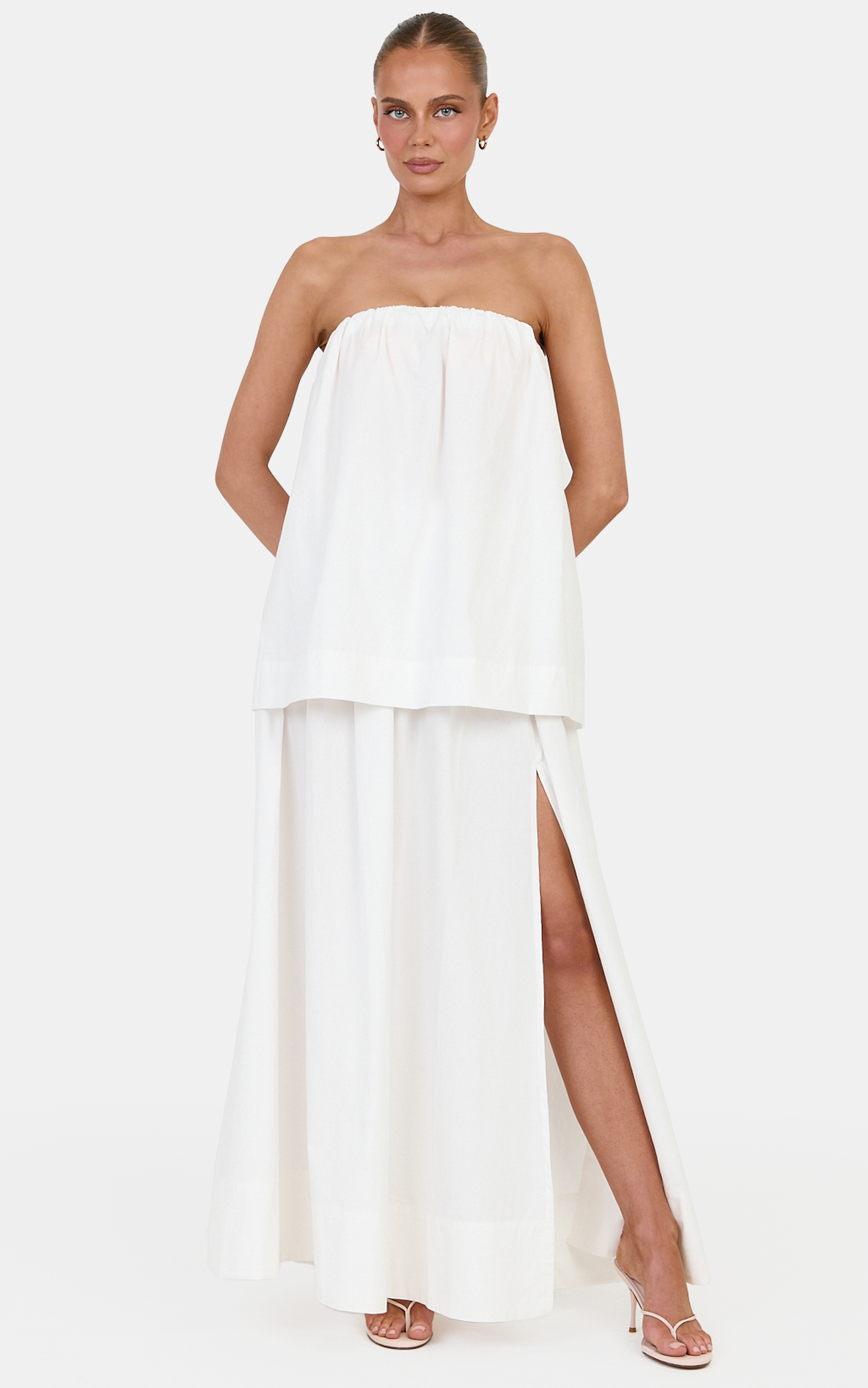 Showpo Melody Two Piece Top and Skirt Set - Cotton Strapless Top and Maxi Skirt Set in Off White