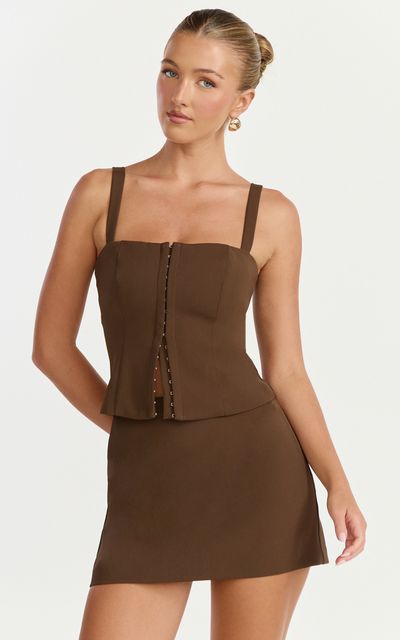 Showpo Mikey Top - Straight Neck Hook and Eye Corset Top in Chocolate