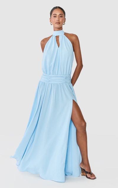 Showpo Moa Maxi Dress - Halter High Neck Backless Drop Waist Dress in Light Blue