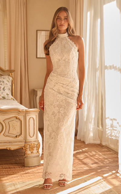 Showpo Molly Midi Dress - Backless Lace Halter Dress in White