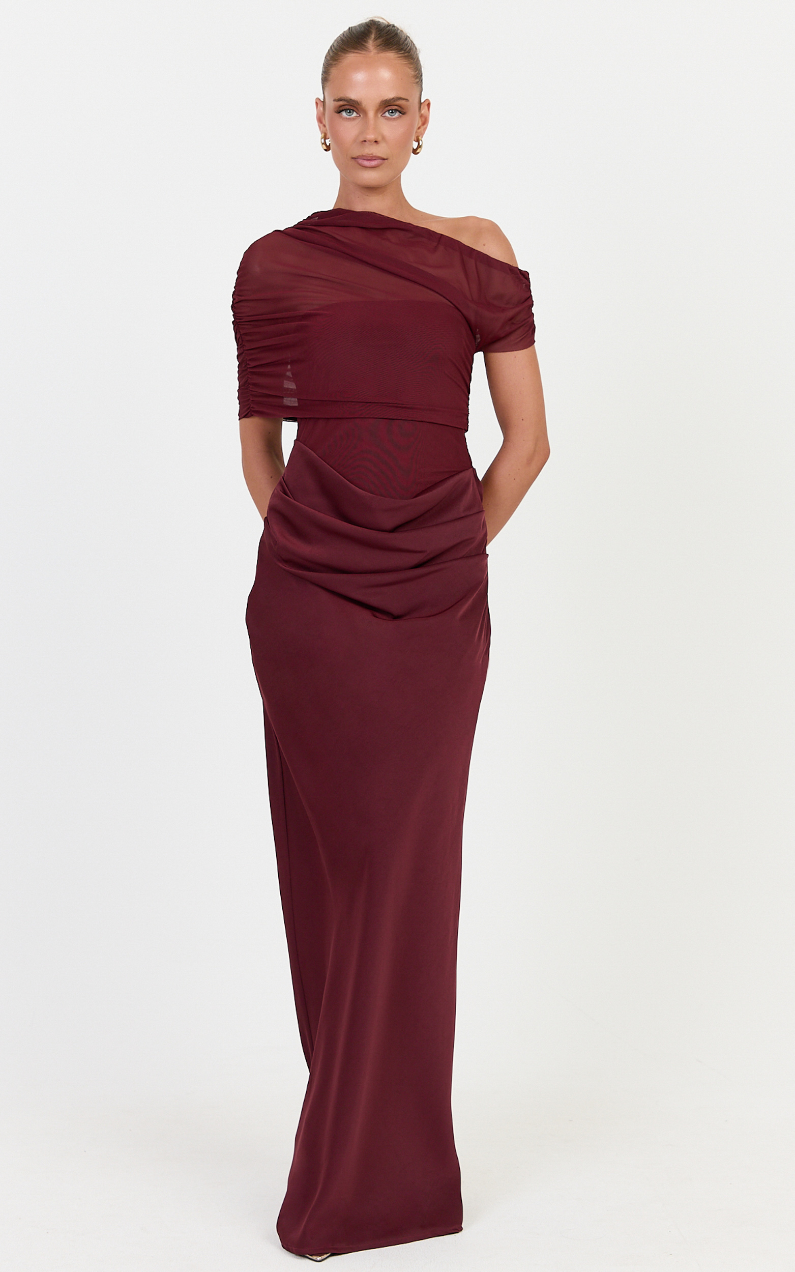 Showpo Nami Maxi Dress - Overlay Off Shoulder Draped Cowl Waist Dress in Wine