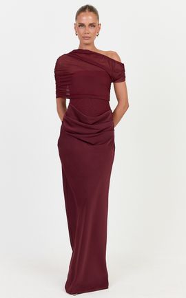 Showpo Nami Maxi Dress - Overlay Off Shoulder Draped Cowl Waist Dress in Wine
