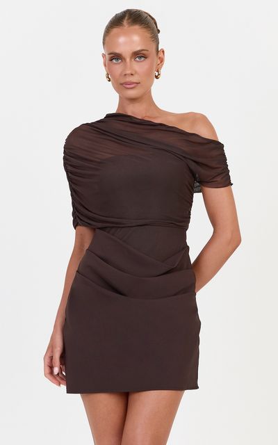 Showpo Nami Mini Dress - Overlay Off Shoulder Draped Cowl Waist Dress in Chocolate