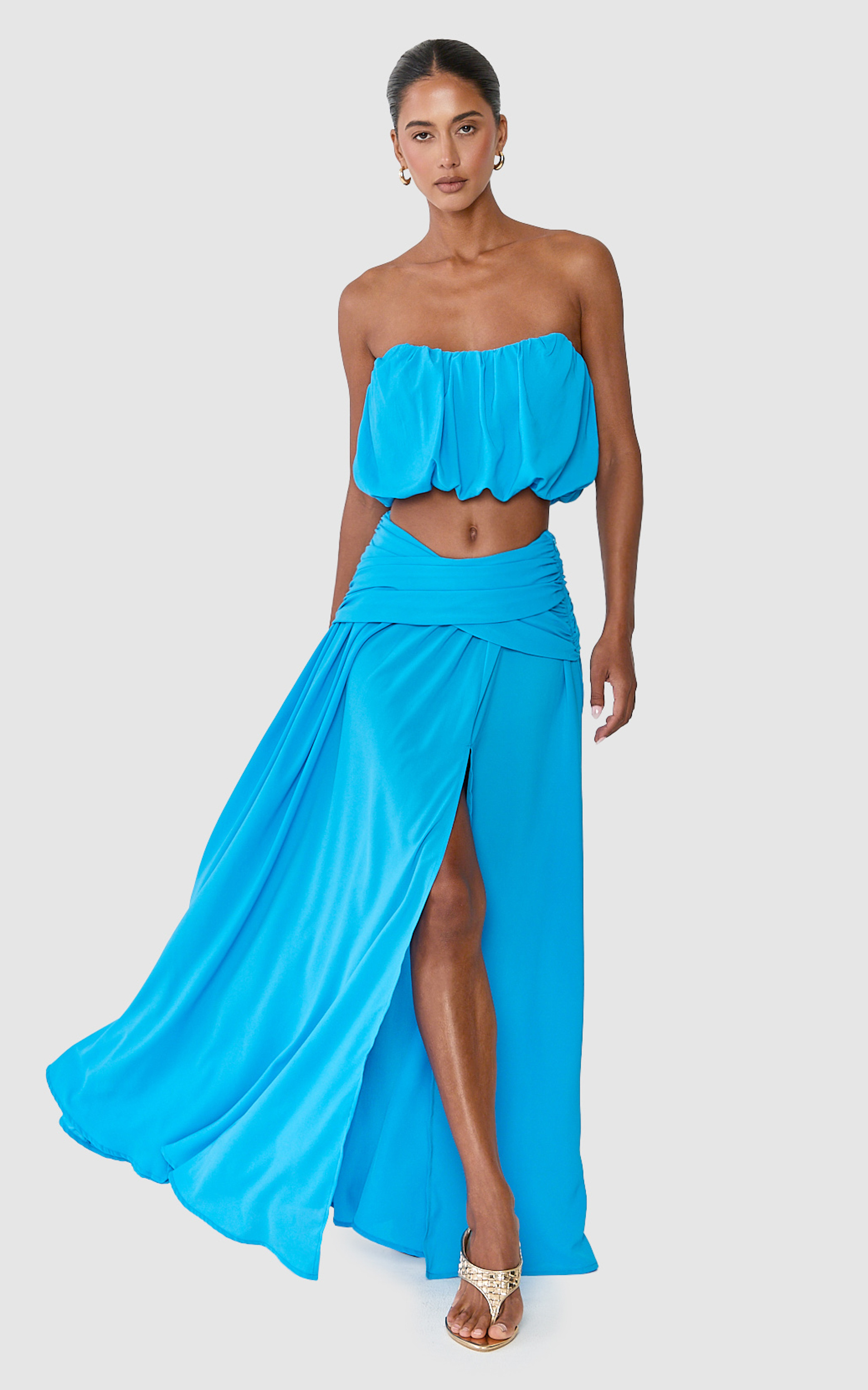 Showpo Naomi Maxi Skirt - Split Leg Wrap Waist Skirt in Blue