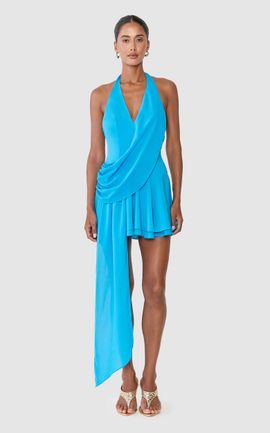 Showpo Naomi Mini Dress - Halter Neck Draped Front Sash Backless Dress in Azure Blue
