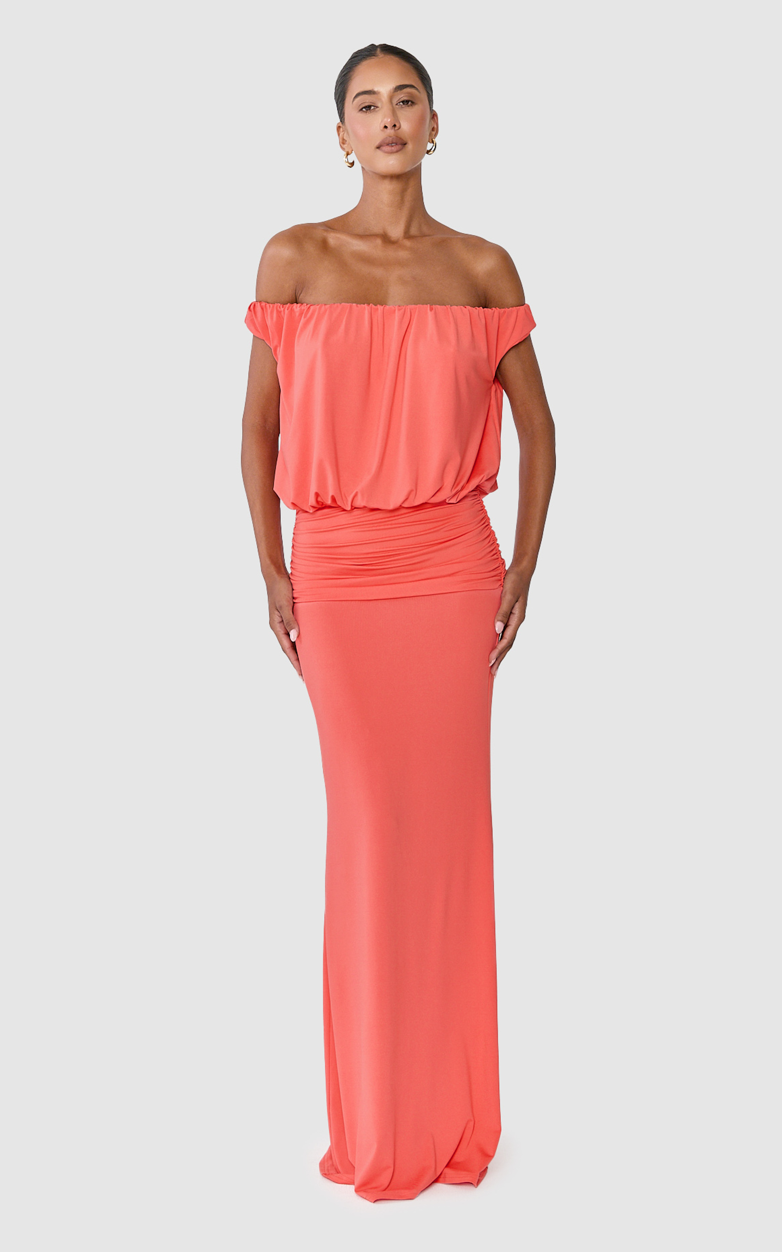 Showpo Natalie Maxi Dress - Gathered Off Shoulder Dropped Waist Dress in Watermelon