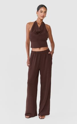 Showpo Nerissa Two Piece Set - High Cowl Halter Neck Top and Pant Set in Chocolate