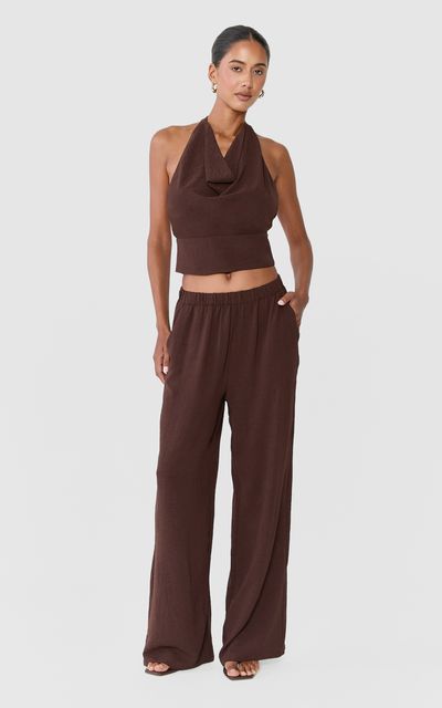 Showpo Nerissa Two Piece Set - High Cowl Halter Neck Top and Pant Set in Chocolate
