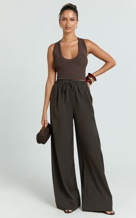 Showpo Nicole Pants - High Waist Elasticated Gathered Waist Wide Leg Pants in Chocolate