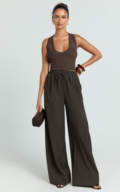Showpo Nicole Pants - High Waist Elasticated Gathered Waist Wide Leg Pants in Chocolate