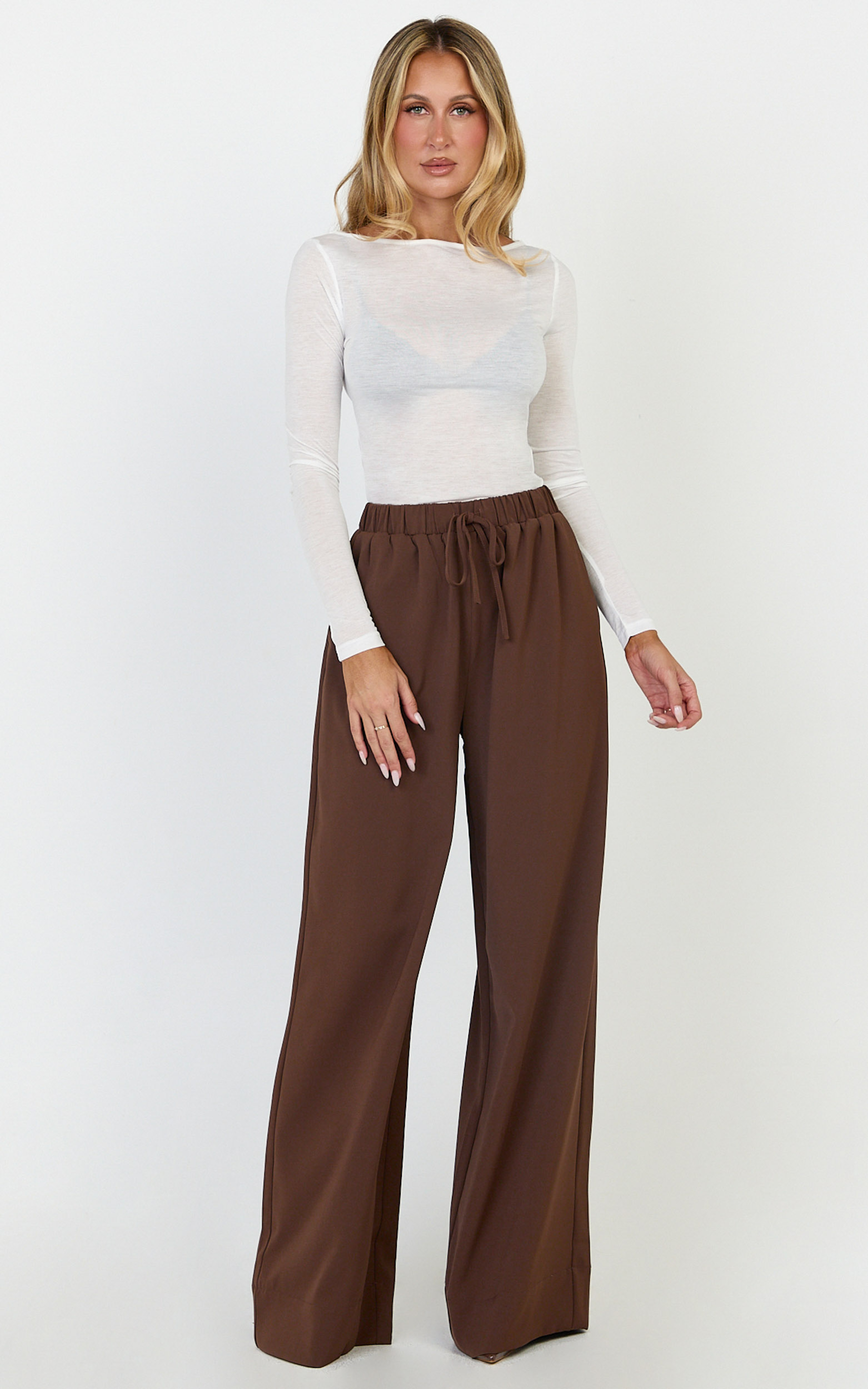 Showpo Nicole Pants - High Waist Elasticated Gathered Waist Wide Leg Pants in Mocha