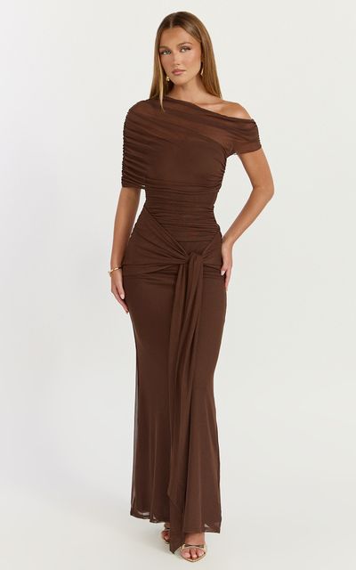Showpo Nicolette Maxi Dress - Cape Sleeve Off Shoulder Dress in Chocolate