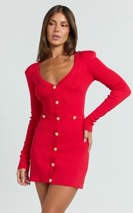 Showpo Nikka Mini Dress - Long Sleeve V Neck Bodycon Knit Dress in Red