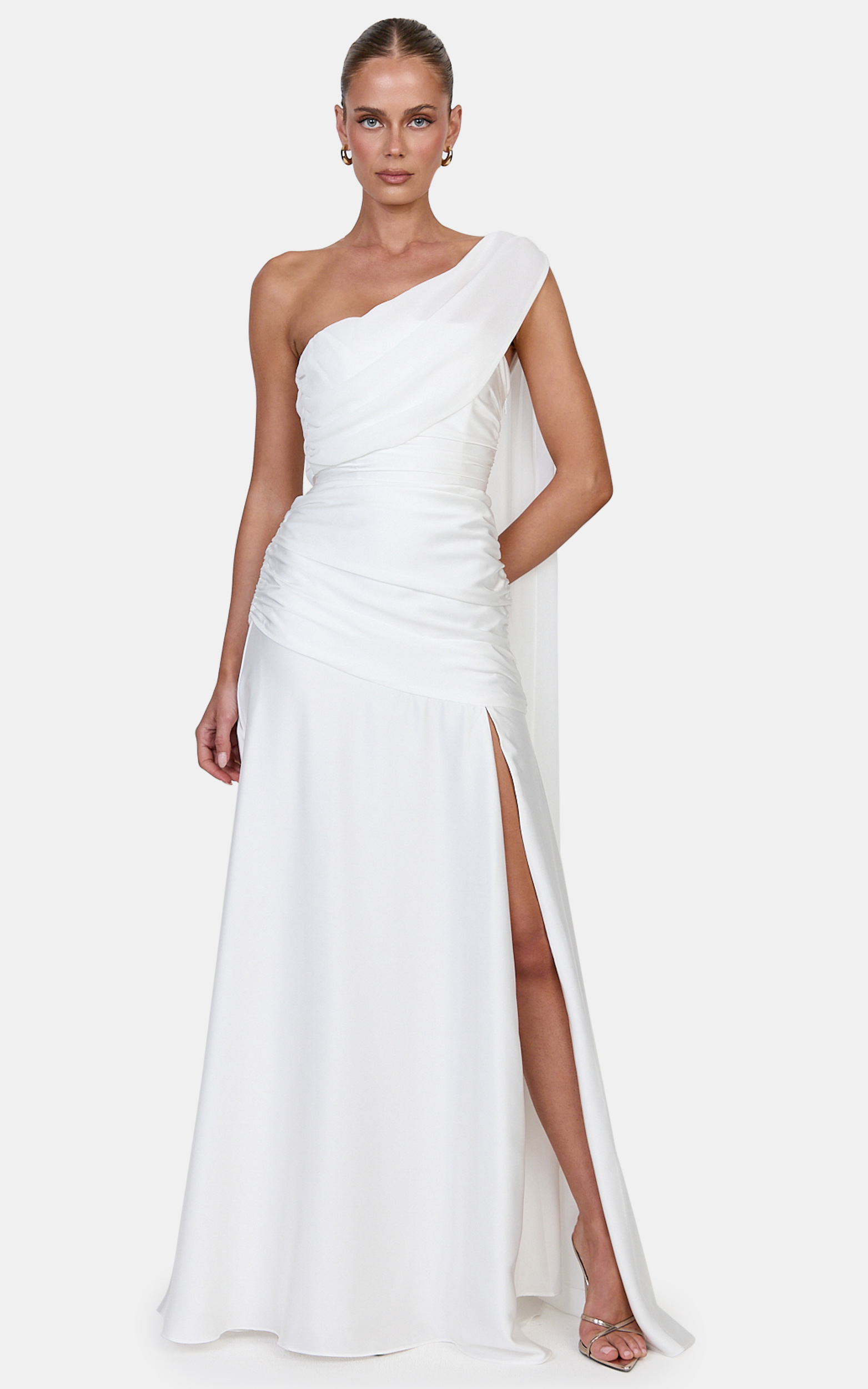 Showpo Nora Maxi Dress - Fit And Flare Dress With Leg Split And Asym Shoulder Drape in White