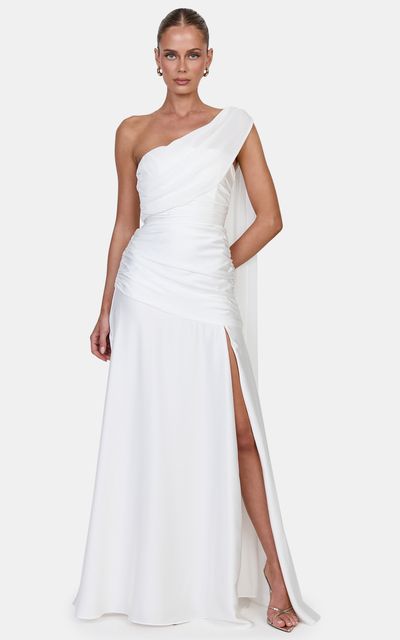 Showpo Nora Maxi Dress - Fit And Flare Dress With Leg Split And Asym Shoulder Drape in White