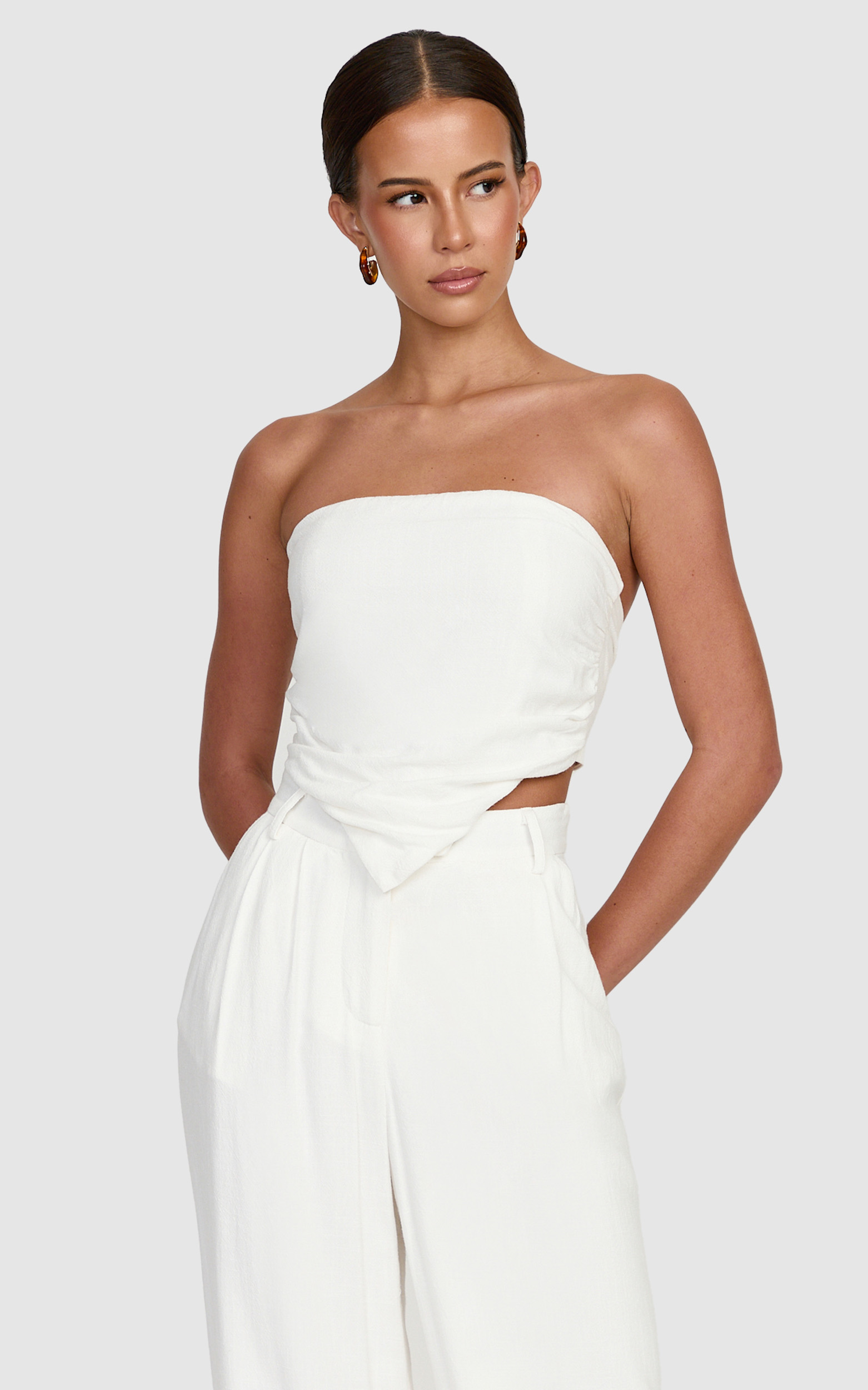 Showpo Norma Top - Strapless Linen Blend Scarf Tie Top in White