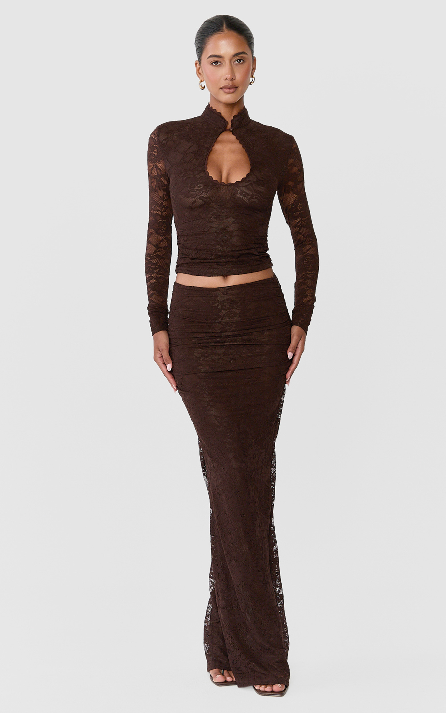 Showpo Nyla Two Piece Set - Collared Keyhole Lace Long Sleeve Top and Ruched Maxi Skirt Set in Chocolate