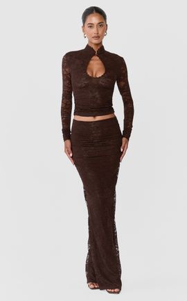 Showpo Nyla Two Piece Set - Collared Keyhole Lace Long Sleeve Top and Ruched Maxi Skirt Set in Chocolate