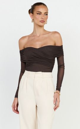 Showpo Opal Bodysuit - Long Sleeve Wrapped Off Shoulder Bodysuit in Chocolate