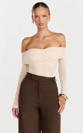Showpo Opal Bodysuit - Long Sleeve Wrapped Off Shoulder Bodysuit in Cream