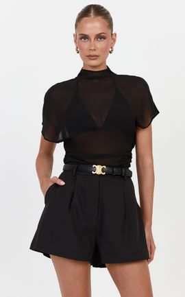 Showpo Oriel Top - Sheer Funnel Neck Short Sleeve Top With Waist Gathers in Black