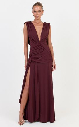 Showpo Paisley Maxi Dress - Deep V Plunge Neck Dress With Asym Hip Drape And Leg Split in Plum