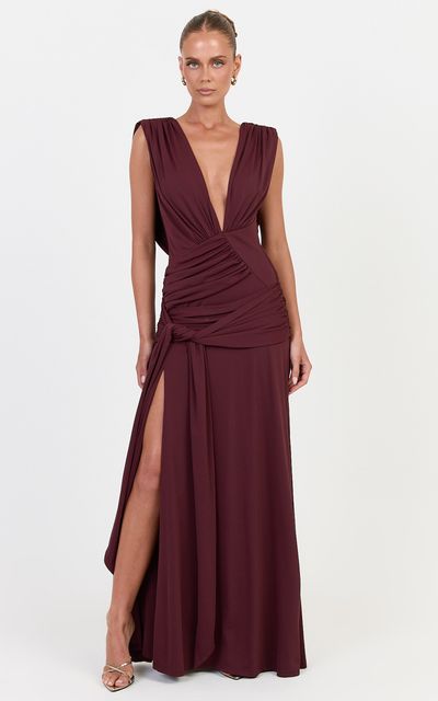Showpo Paisley Maxi Dress - Deep V Plunge Neck Dress With Asym Hip Drape And Leg Split in Plum