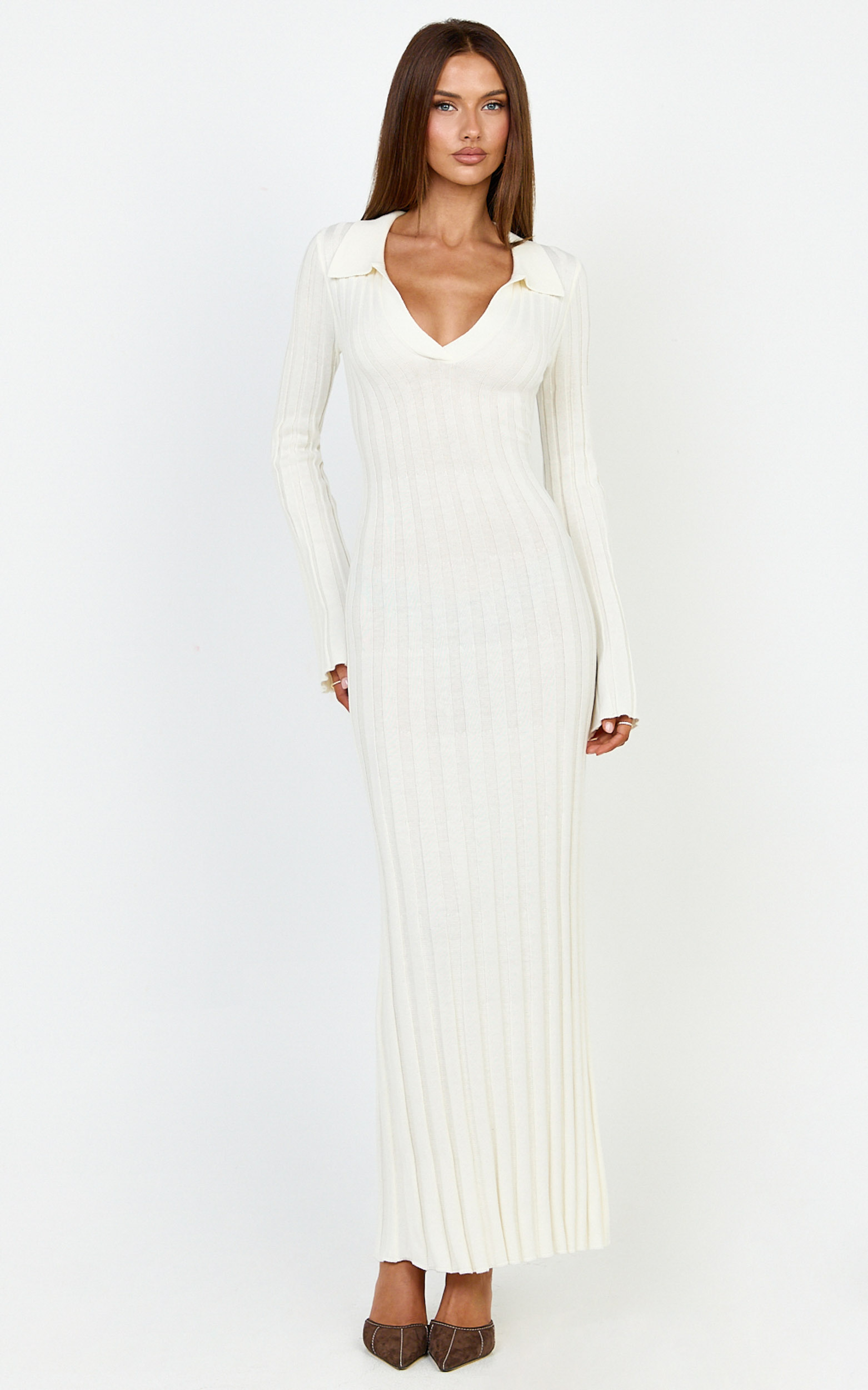 Showpo Pamela Midi Dress - Ribbed Knit Poli Midi Dress in Off White
