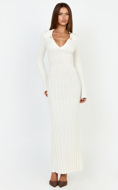 Showpo Pamela Midi Dress - Ribbed Knit Poli Midi Dress in Off White