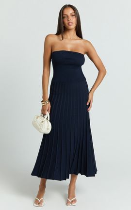 Showpo Paris Midi Dress - Strapless Drop Waist Pleated Knit Dress in Navy