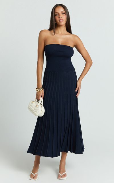 Showpo Paris Midi Dress - Strapless Drop Waist Pleated Knit Dress in Navy