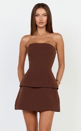 Showpo Pauline Two Piece Top and Skirt Set - Strapless A Line Top and Mini Skirt Set in Chocolate