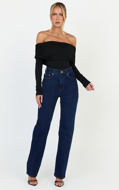 Showpo Phoebe Jeans - High Waist Straight Leg Stretch Denim Jeans in Dark Blue Wash