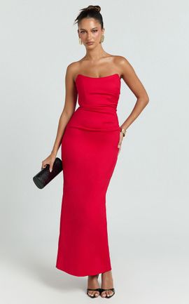 Showpo Pietra Midi Dress - Strapless Side Seam Tucks Fitted Dress in Red