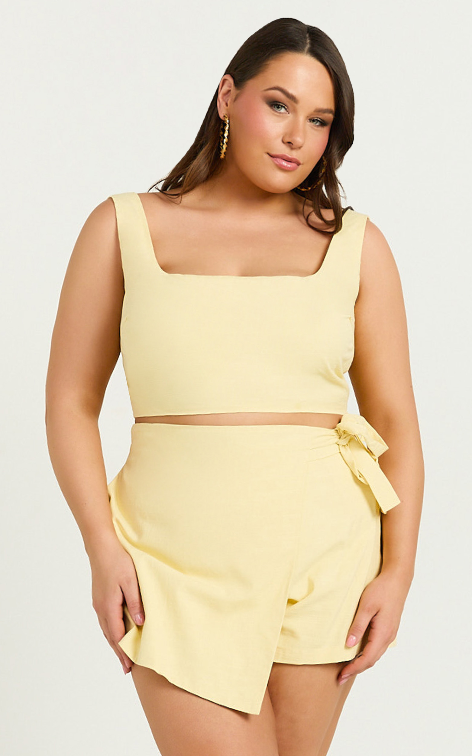Showpo Polina Two Piece Set - Linen Square Neck Crop Top and Tie Waist Skort Set in Lemon