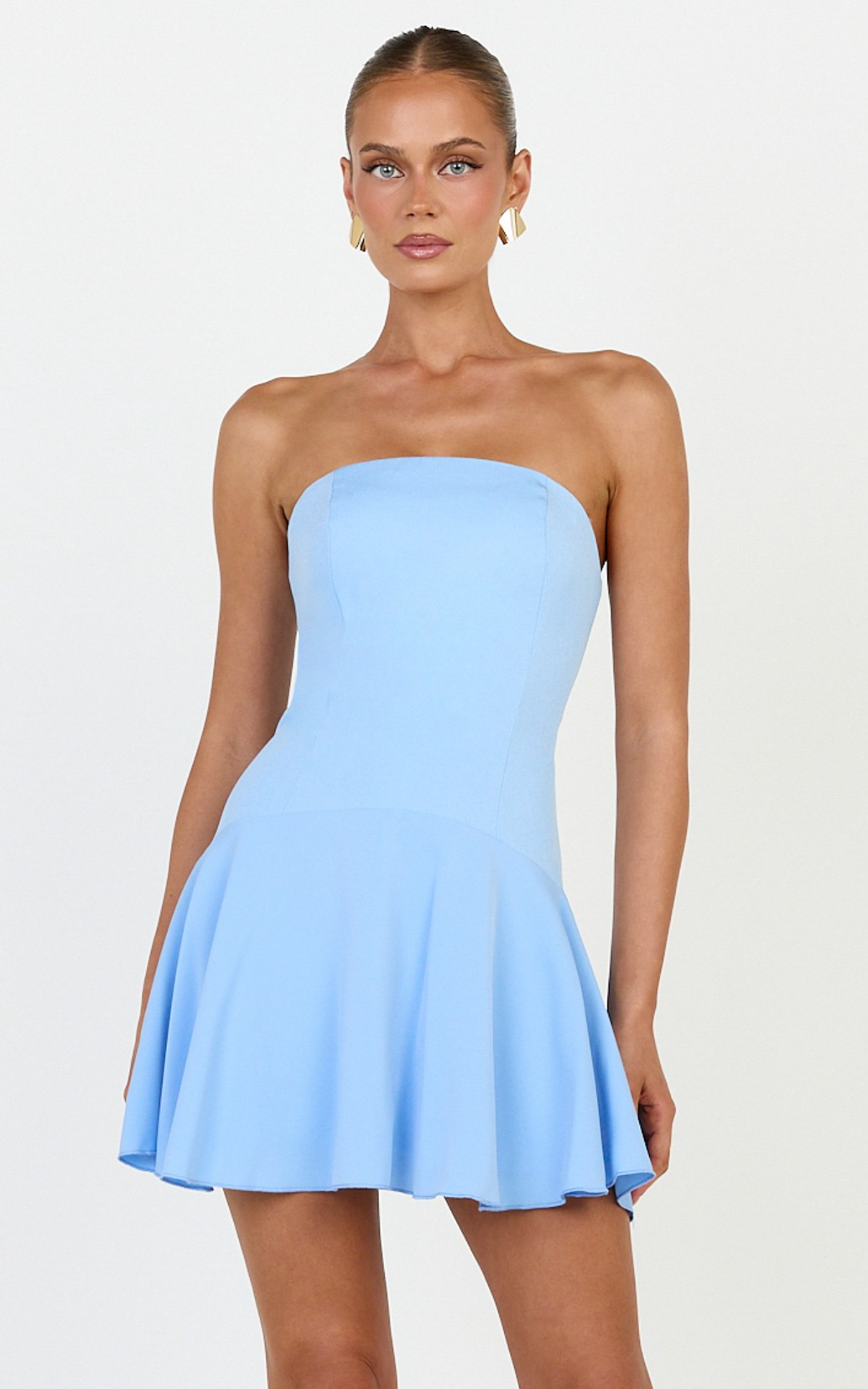 Showpo Poppy Mini Dress - Contrast Skirt Strapless Dress in Blue