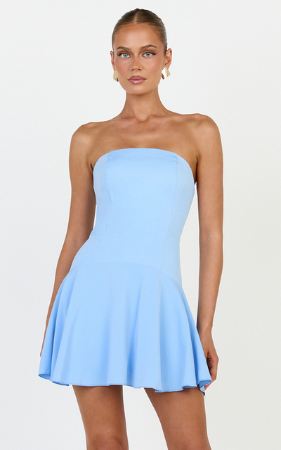 Showpo Poppy Mini Dress - Contrast Skirt Strapless Dress in Blue