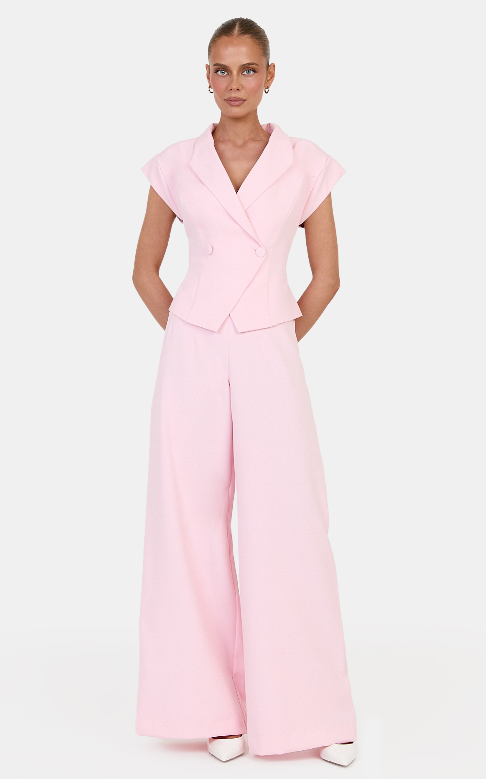Showpo Poppy Pants - High Waist Darted Wide Leg Pants in Baby Pink