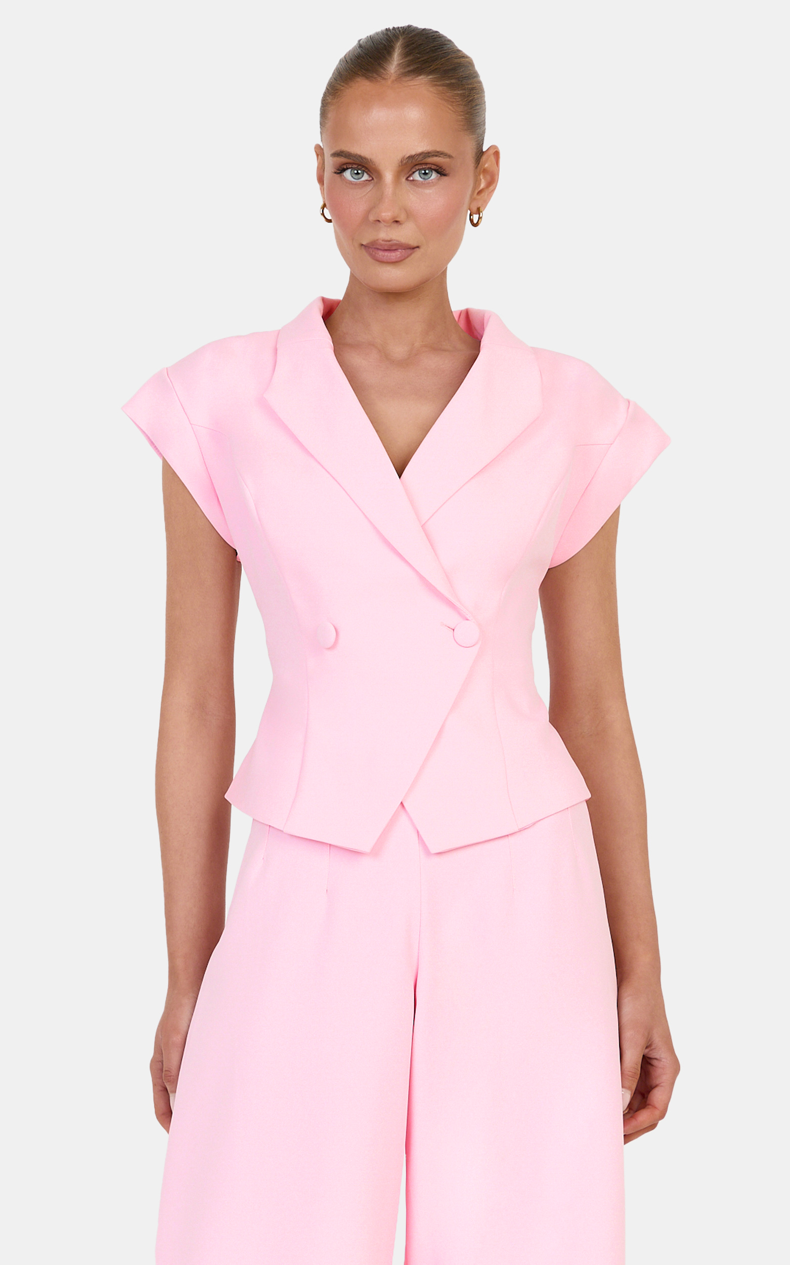 Showpo Poppy Top - Cap Sleeve Double Breasted Vest Top in Baby Pink