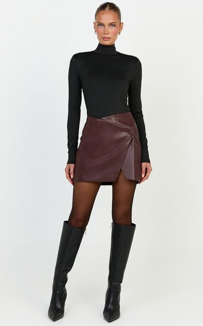 Showpo Prague Mini Skirt - Wrap Faux Leather Skirt in Wine