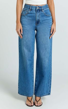 Showpo Rachel Jeans - Cinch Waist Wide Leg Denim Jeans in Mid Vintage Wash