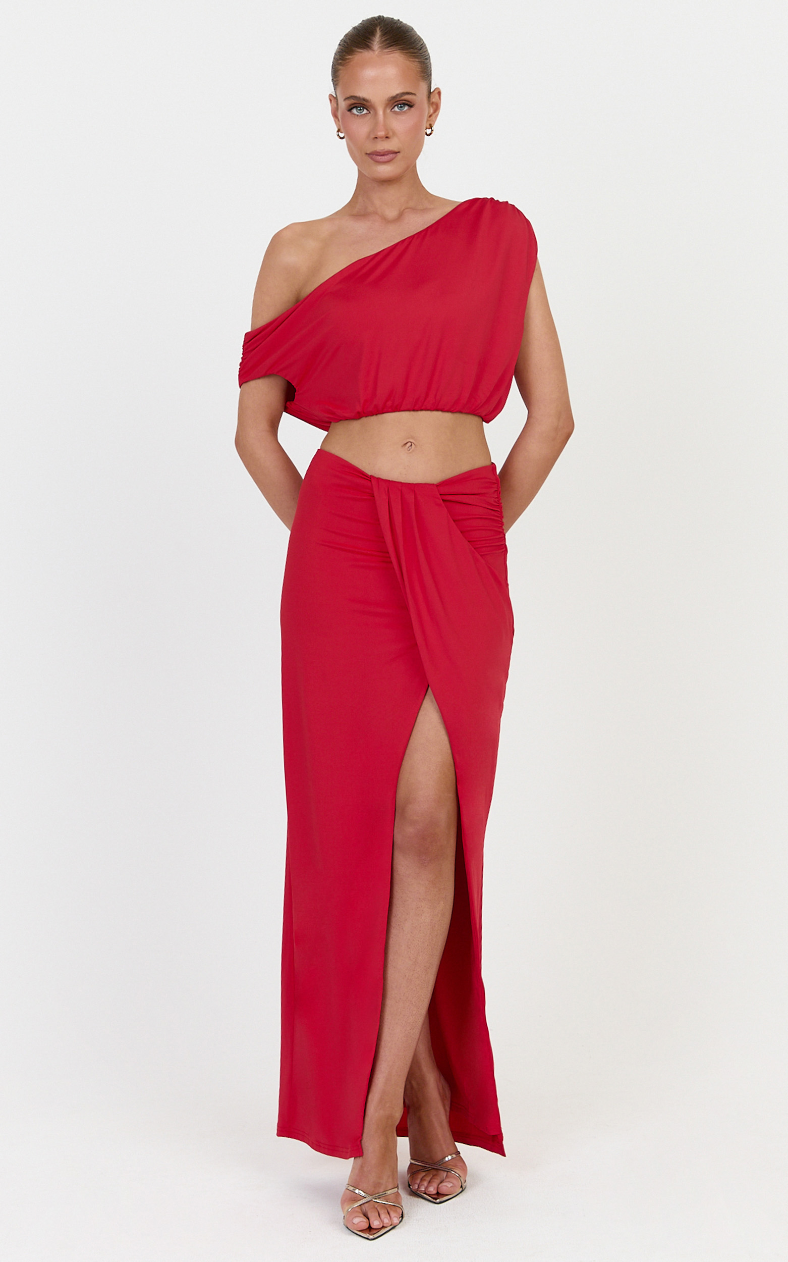Showpo Rafaela Midi Skirt - Tuck Detail Wrap Side Skirt in Red