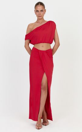 Showpo Rafaela Midi Skirt - Tuck Detail Wrap Side Skirt in Red
