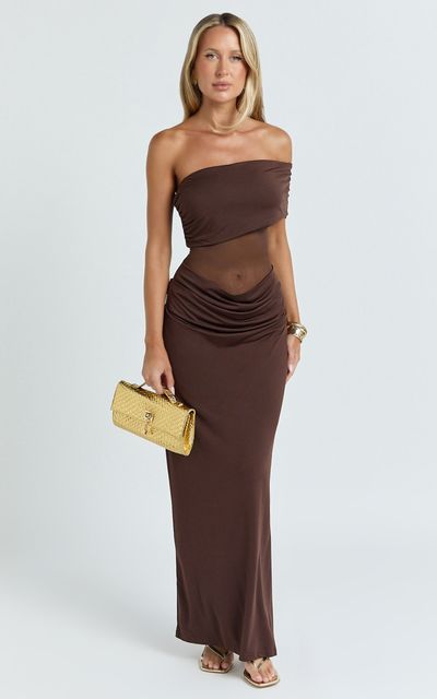 Showpo Riley Maxi Dress - Gathered Over Bust Dress in Chocolate