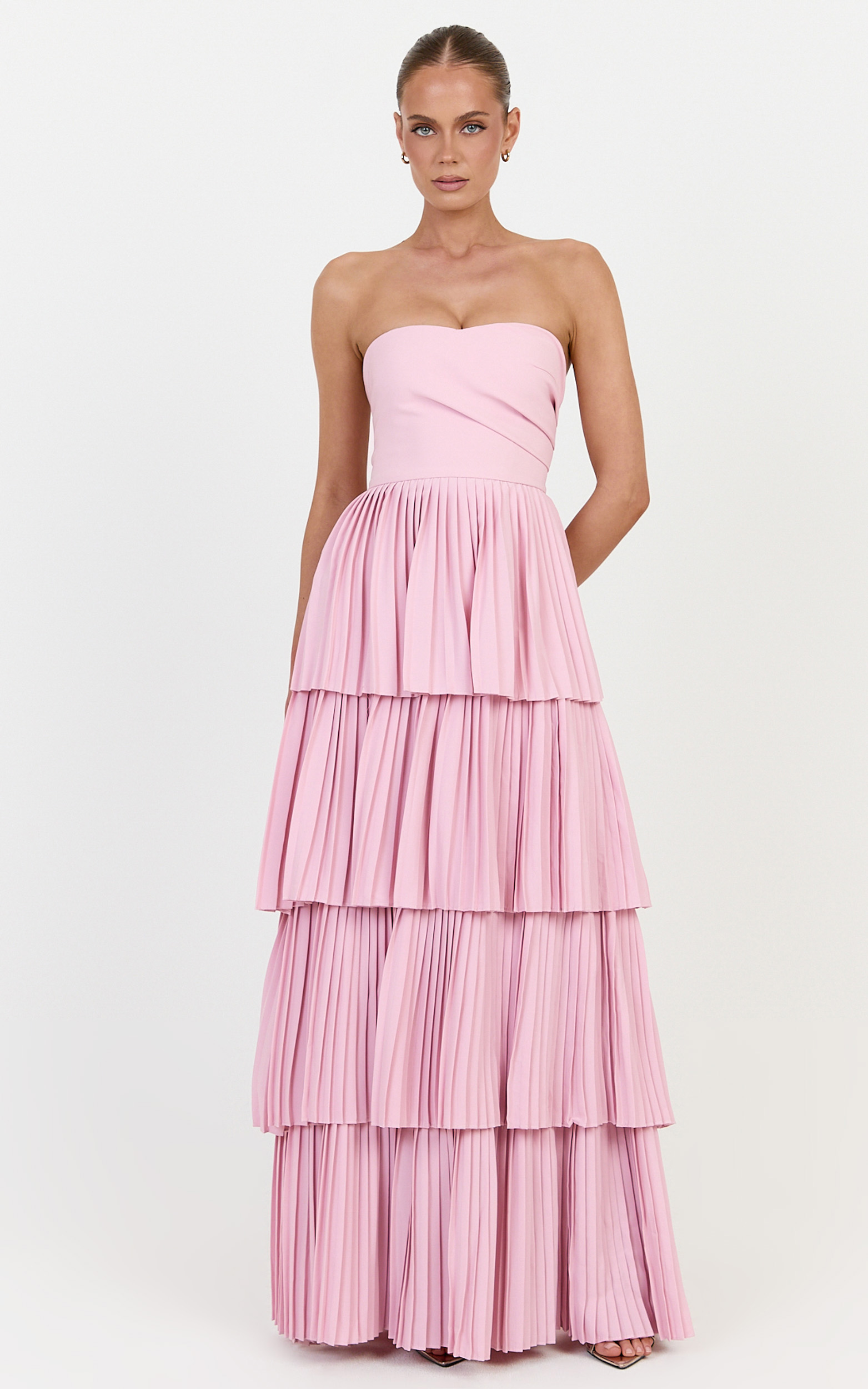Showpo Rina Maxi Dress - Strapless Tiered Pleated Skirt Dress in Pink